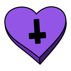 Purple heart illustration. Heart in Goth style with a cross. Vector isolated on white background.