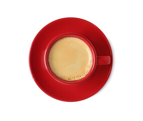 Tasty coffee in cup isolated on white, top view