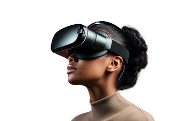 Portrait of African American woman using virtual reality headset, isolated on white background