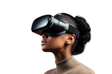 Portrait of African American woman using virtual reality headset, isolated on white background