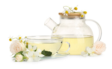 Aromatic herbal tea with different flowers and mint isolated on white