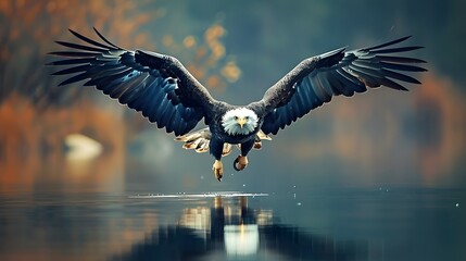 Obraz premium Eagle flying flush with water. 