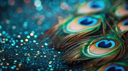 Colorful peacock feathers on glitter paper with copy space