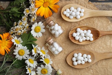 Homeopathic remedy. Flat lay composition with many pills, bottles and flowers on wooden table