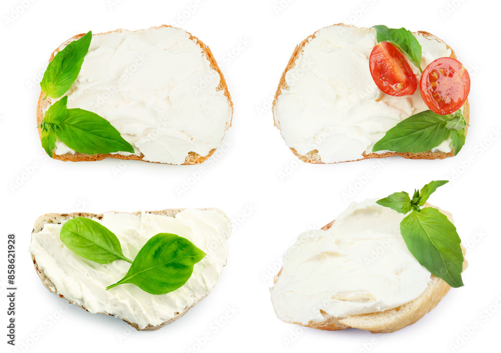Wall mural delicious sandwiches with cream cheese isolated on white, set - Wall murals
