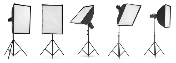 Professional lighting equipment isolated on white, set