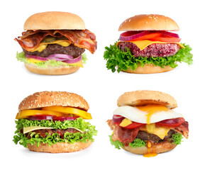 Different delicious burgers isolated on white, set