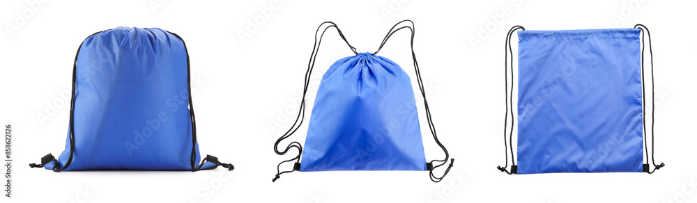 Wall mural Blue drawstring sports bags isolated on white, set