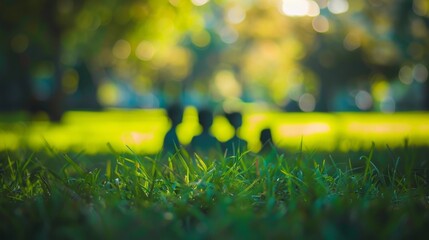 Blurry shapes huddled together on a grassy blanket.