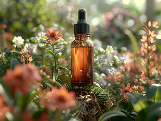 Elegant Amber Dropper Bottle Showcased Amidst Lush Botanical Elements for Natural Skincare Display