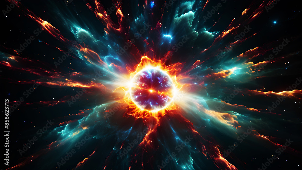 Wall mural create an abstract image of a supernova explosion with a central burst of intense light and vibrant 