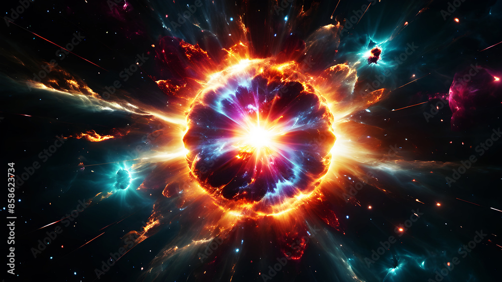 Wall mural create an abstract image of a supernova explosion with a central burst of intense light and vibrant 