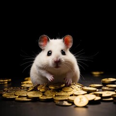 Photo of a cute hamster with coins