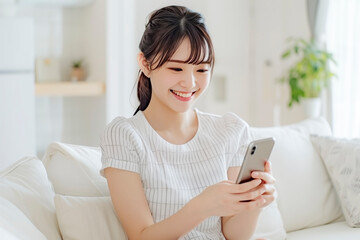 リビングでスマートフォンを使う若い女性