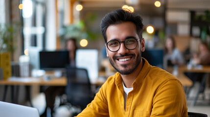 Fototapeta premium portrait of Social Media Manager working in modern office, smiling man in office 