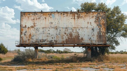 An empty billboard in a rural area, offering prime visibility for ads, isolated on a white background.