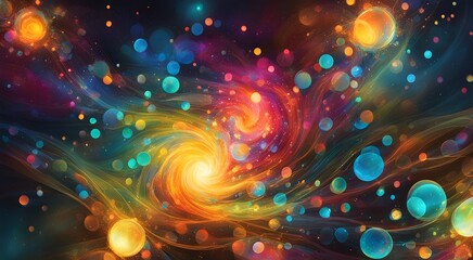 A colorful galaxy with many different colored stars and planets