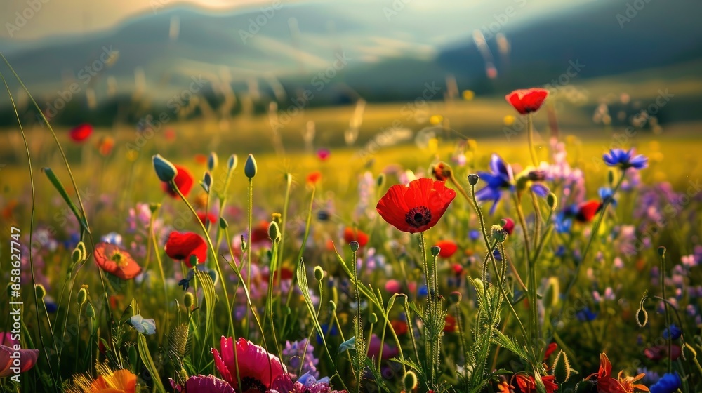 Sticker colorful flowers in a stunning field