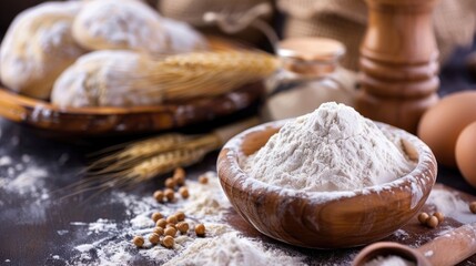 Fototapeta premium Dough preparation flour measurement dough ingredients background image for text copying
