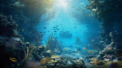 Vibrant Underwater Coral Reef Scene with Colorful Tropical Fish and Lush Marine Life in Clear Blue Ocean Waters