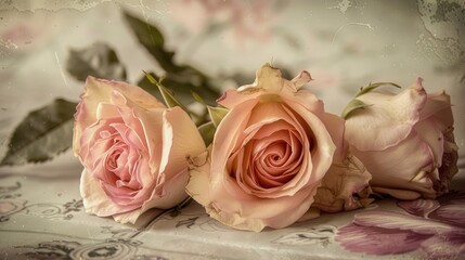 Close up of vintage style toned roses on a table