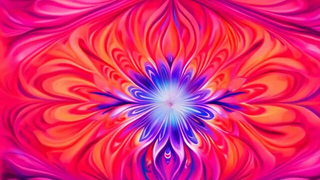 This vibrant abstract artwork features a floral motif with a radiating blue center. The design showcases swirling patterns in red, orange, and pink hues, creating a dynamic and colorful effect.