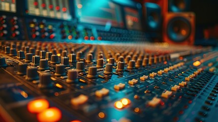 Fototapeta premium colorful music audio mixing board in closeup of a recording, audio track background in a dark recording, industrial machinery aesthetics, multimedia, selective focus, brightly colored