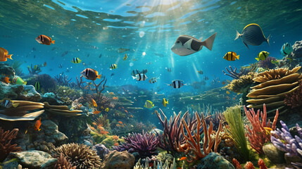 Vibrant Underwater Coral Reef Scene with Colorful Tropical Fish and Lush Marine Life in Clear Blue Ocean Waters