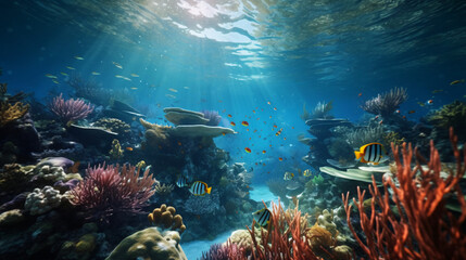 Vibrant Underwater Coral Reef Scene with Colorful Tropical Fish and Lush Marine Life in Clear Blue Ocean Waters