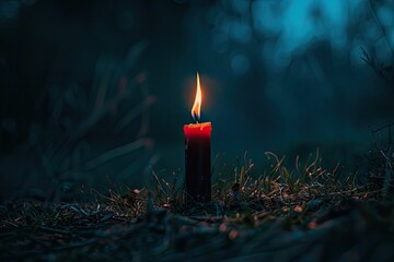 A bright red candle glowing in the darkness
