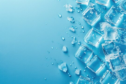 Aerial image of ice cubes and drops on blue background with space