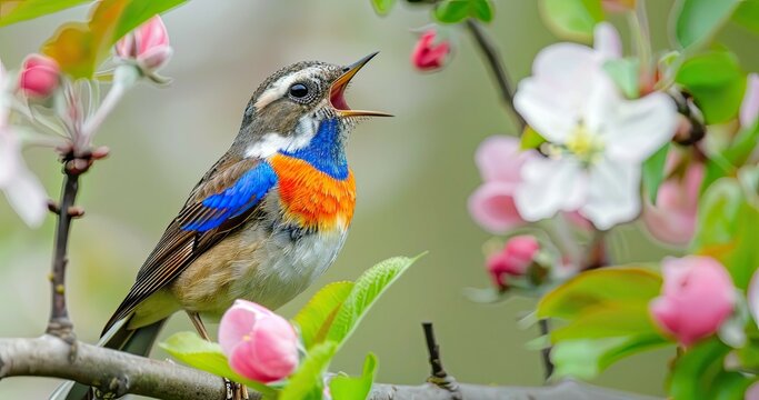 Blue male bluethroat bird sings on blooming pink apple tree branch in sunny spring garden