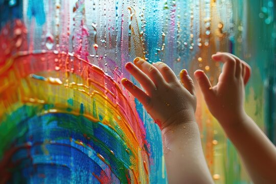 Child s hands painting rainbow on window family background Image of children at home safety and joy