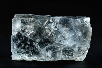 Clear ice block on black background