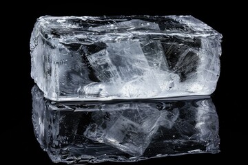 Clear ice block on reflective black surface with clipping path