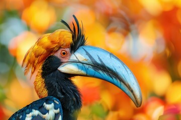 Naklejka premium Colorful Indonesian bird Knobbed Hornbill Aceros cassidix with gold feathers on blue neck against bl