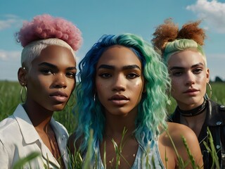 Obraz premium three young women looking at camera with variety of styles in an open field