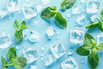 Ice cubes and mint leaves on blue background