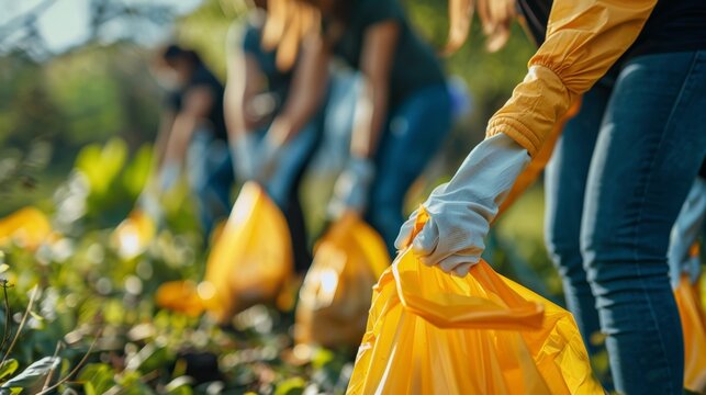 A defocused image of volunteers showing their love and care for their community through a cleanup event.