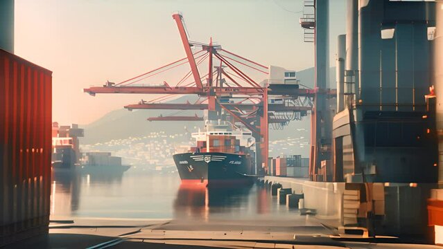 Cargo Ship Docked at Industrial Shipping Port with Ai generated.

