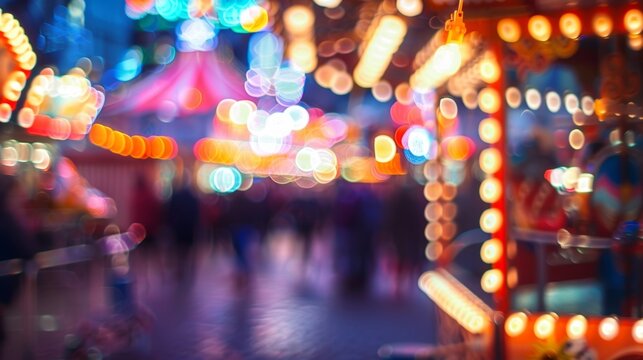 Defocused game booths and rides create a carnival landscape that is both chaotic and enchanting.