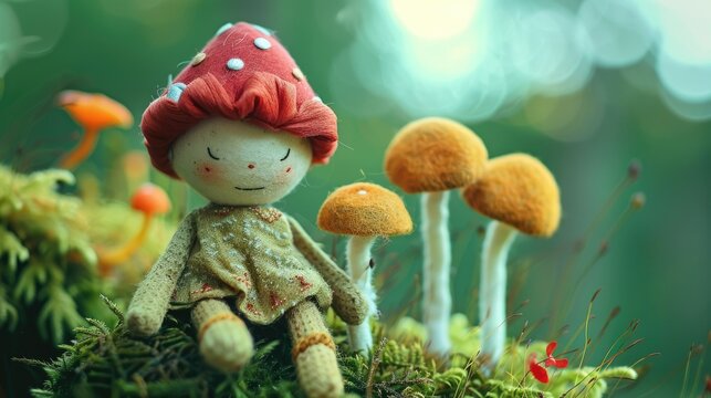 Adorable handmade puppet with mushrooms on green backdrop
