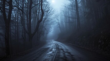 Obraz premium Moonlit road through a spooky forest with eerie fog