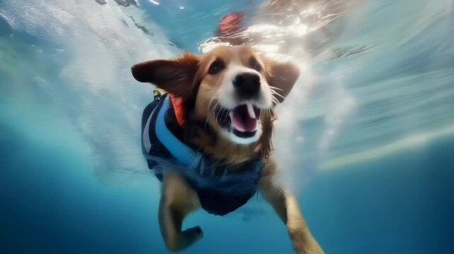 A small, furry dog swims in a clear pool on a sunny day, wearing an orange life jacket. The bright sunlight and splash of water create a joyful and energetic mood. The dog appears to be a young,