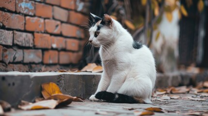 Fototapeta premium Close up pregnant white cat with black markings on vintage floor outdoors