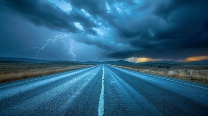 Moody road under stormy skies with distant lightning strikes