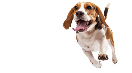 Full body shot of Beagle dog, running happily, smiling.