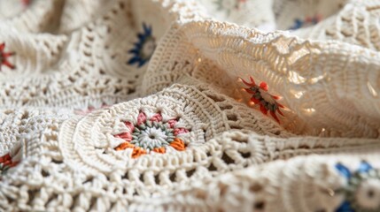 A vintage crochet blanket caught in a whirlwind its delicate patterns dancing in the wind.