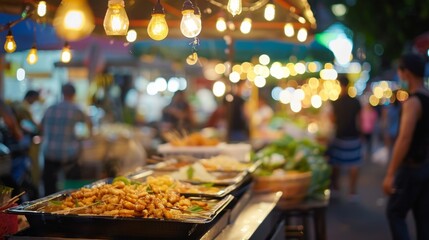 Soft blur of bustling street food stalls illuminated by bright string lights.
