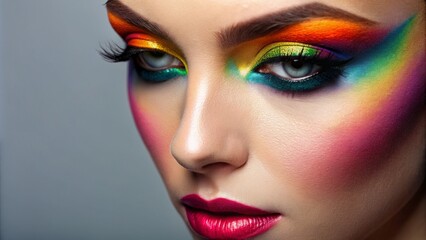 Fototapeta premium Close-up of a pair of bright, bold, and colorful eye shadows applied to a blank, gray background, emphasizing the beauty of makeup artistry.,hd,8k